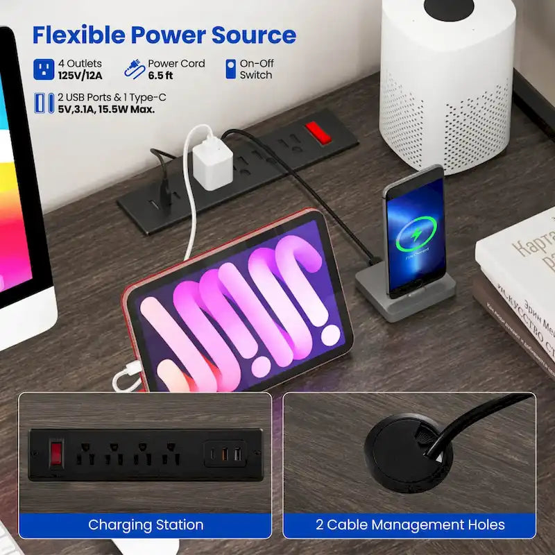 Bureau de jeu en L avec éclairage LED, prises électriques et étagère de rangement