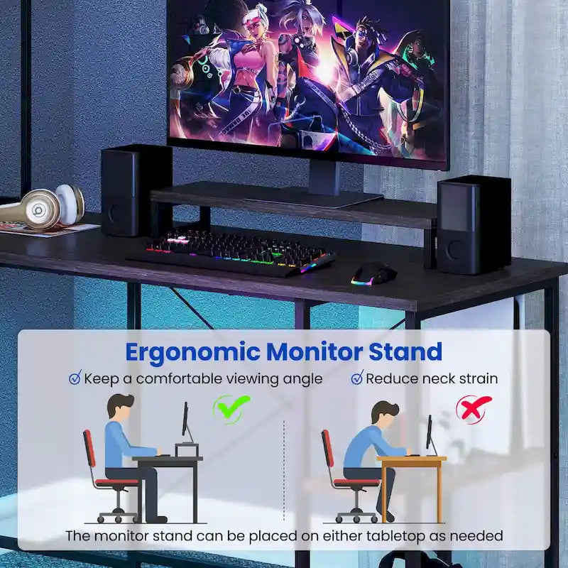 Bureau de jeu en L avec éclairage LED, prises électriques et étagère de rangement