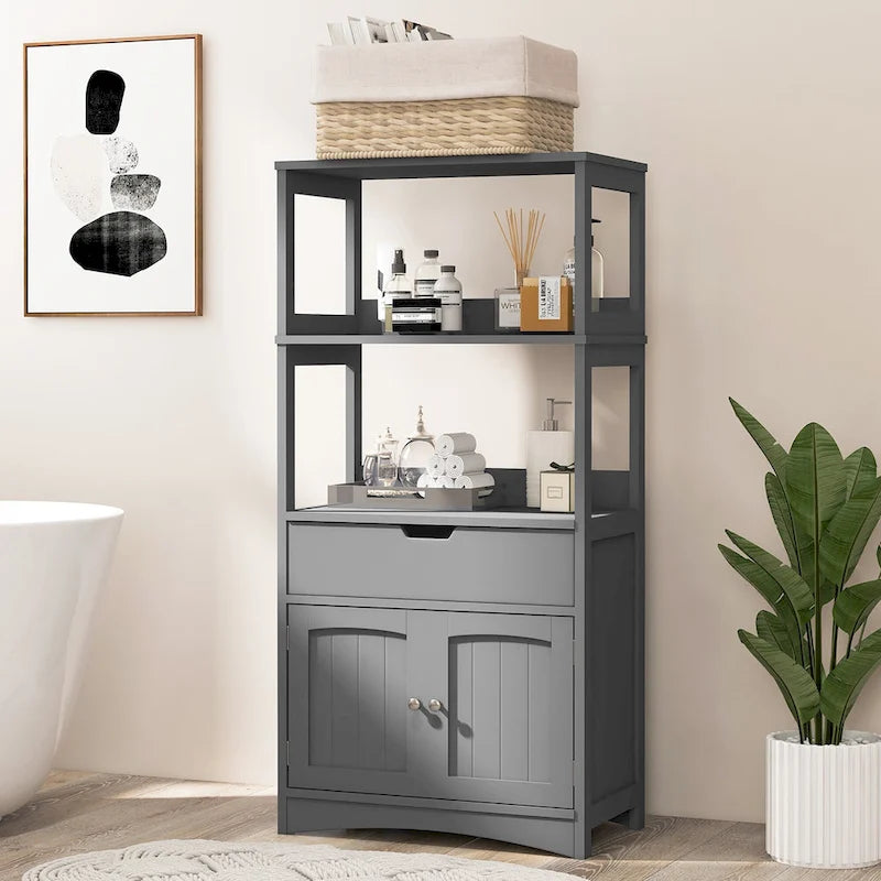 Meuble de rangement de salle de bain avec tiroir, étagères ouvertes et placard