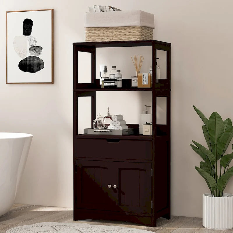 Meuble de rangement de salle de bain avec tiroir, étagères ouvertes et placard