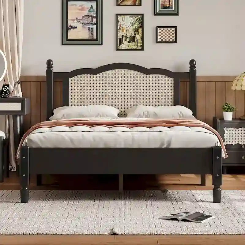 Cadre de lit en bois avec tête de lit en rotin tissé Noyer Marron Arc élégant