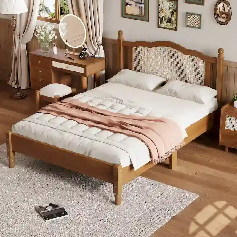 Cadre de lit en bois avec tête de lit en rotin tissé Noyer Marron Arc élégant
