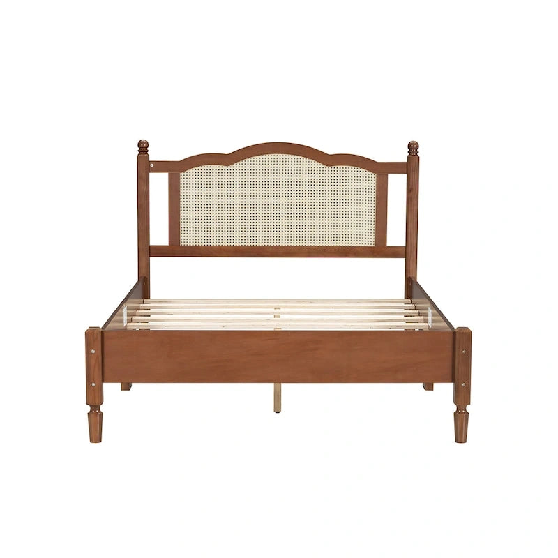 Cadre de lit en bois avec tête de lit en rotin tissé Noyer Marron Arc élégant
