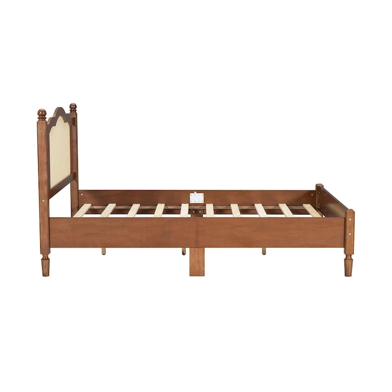 Cadre de lit en bois avec tête de lit en rotin tissé Noyer Marron Arc élégant