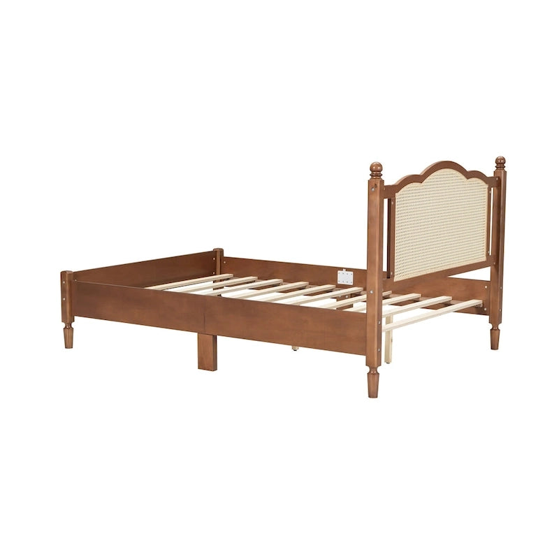 Cadre de lit en bois avec tête de lit en rotin tissé Noyer Marron Arc élégant