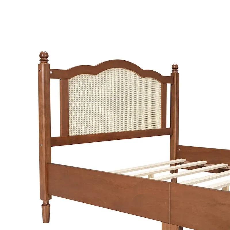 Cadre de lit en bois avec tête de lit en rotin tissé Noyer Marron Arc élégant