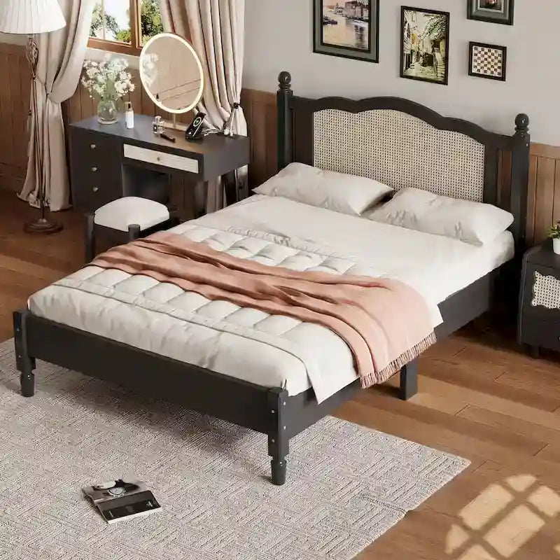 Cadre de lit en bois avec tête de lit en rotin tissé Noyer Marron Arc élégant