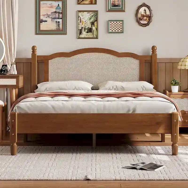 Cadre de lit en bois avec tête de lit en rotin tissé Noyer Marron Arc élégant