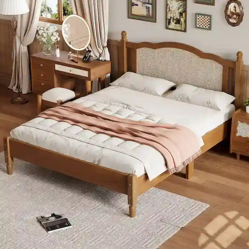 Cadre de lit en bois avec tête de lit en rotin tissé Noyer Marron Arc élégant