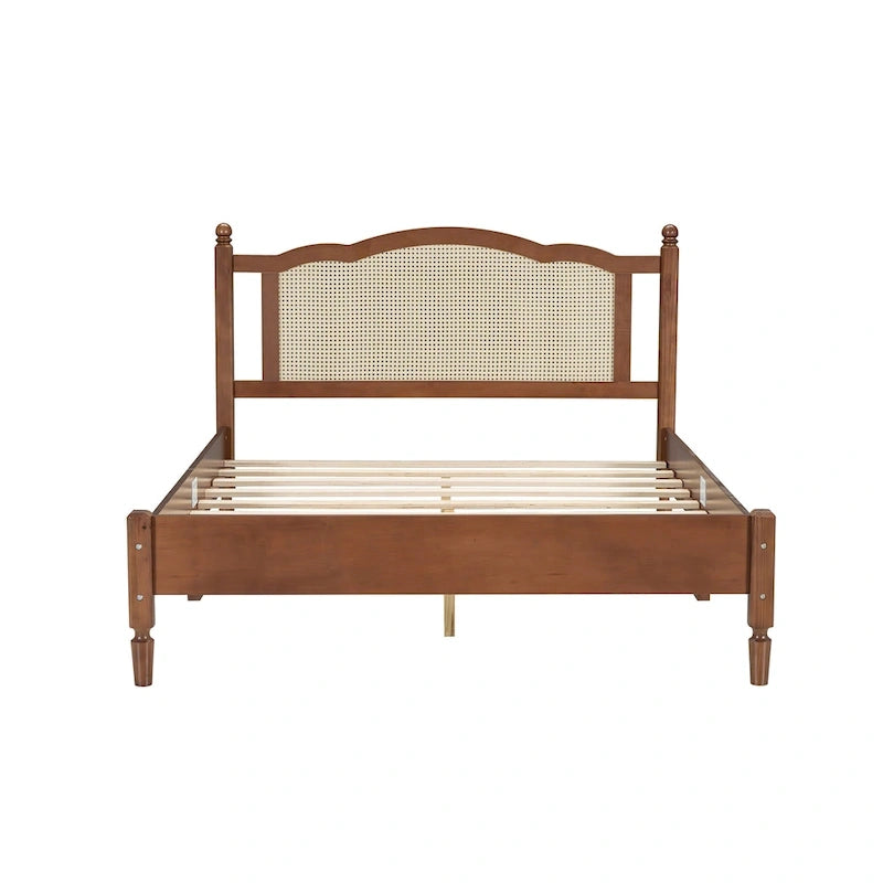 Cadre de lit en bois avec tête de lit en rotin tissé Noyer Marron Arc élégant