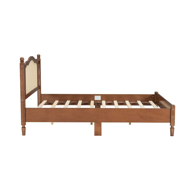 Cadre de lit en bois avec tête de lit en rotin tissé Noyer Marron Arc élégant