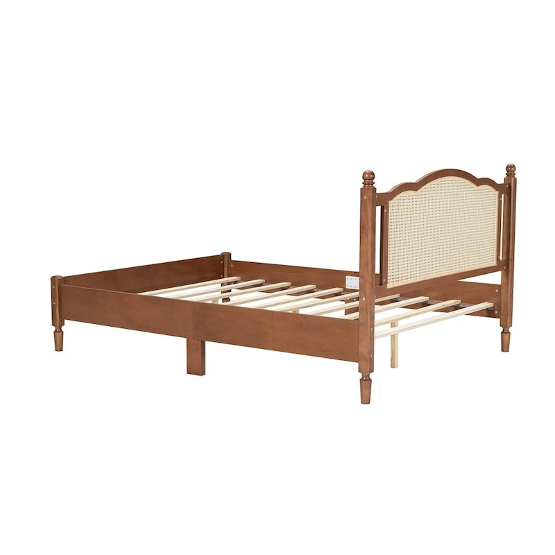 Cadre de lit en bois avec tête de lit en rotin tissé Noyer Marron Arc élégant