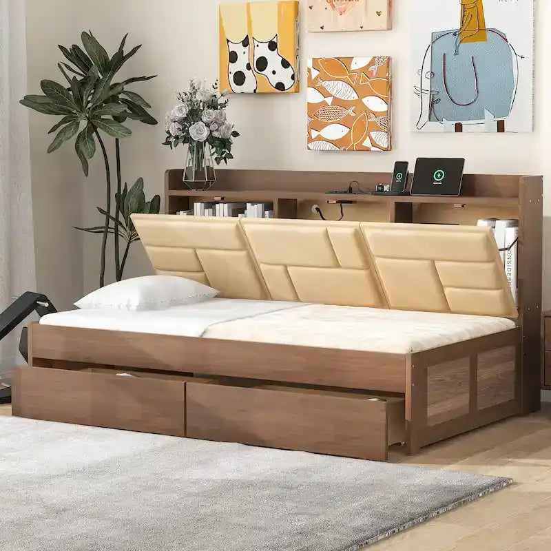 Lit de repos en bois de pin avec tête de lit rembourrée Étagères de rangement Ports USB Tiroirs Marron naturel
