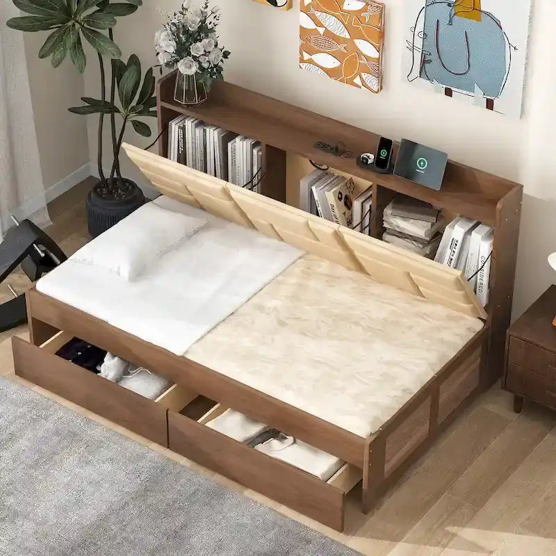 Lit de repos en bois de pin avec tête de lit rembourrée Étagères de rangement Ports USB Tiroirs Marron naturel