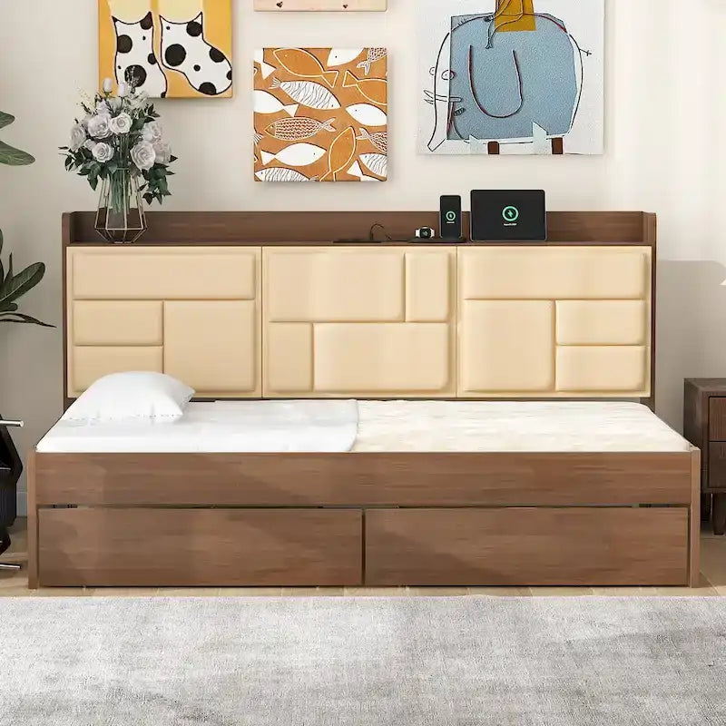 Lit de repos en bois de pin avec tête de lit rembourrée Étagères de rangement Ports USB Tiroirs Marron naturel