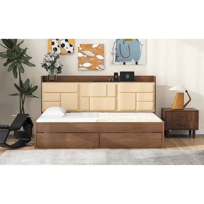 Lit de repos en bois de pin avec tête de lit rembourrée Étagères de rangement Ports USB Tiroirs Marron naturel