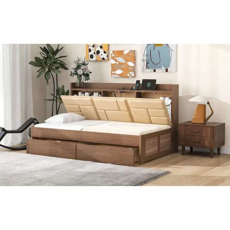 Lit de repos en bois de pin avec tête de lit rembourrée Étagères de rangement Ports USB Tiroirs Marron naturel