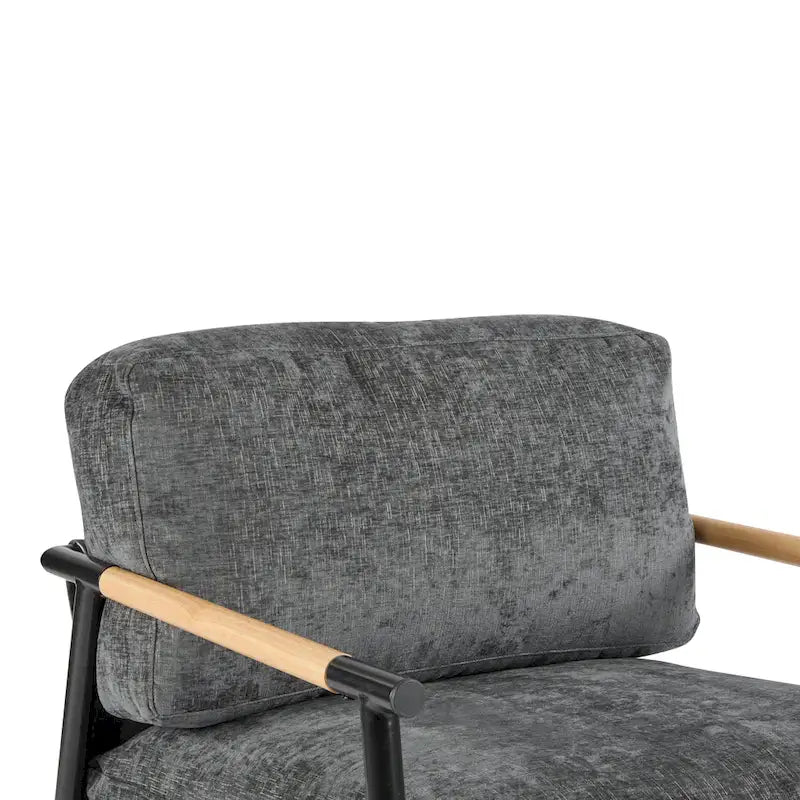 Fauteuil d'appoint rembourré, structure en métal noir, accoudoirs en bois, assise coussin rembourrée