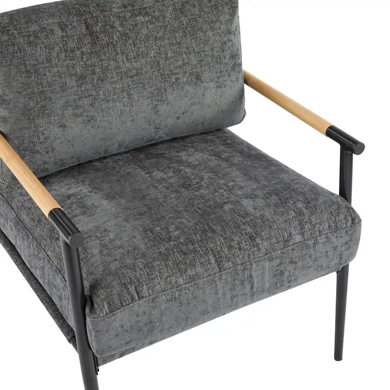 Fauteuil d'appoint rembourré, structure en métal noir, accoudoirs en bois, assise coussin rembourrée