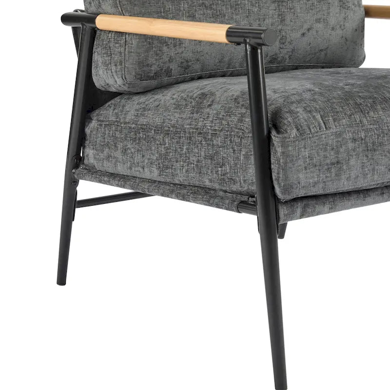 Fauteuil d'appoint rembourré, structure en métal noir, accoudoirs en bois, assise coussin rembourrée