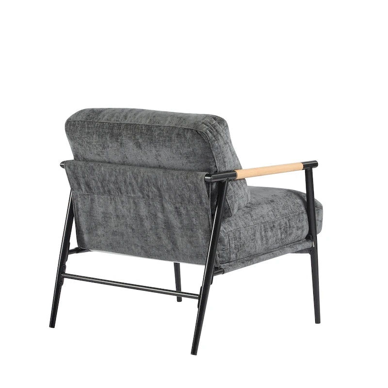Fauteuil d'appoint rembourré, structure en métal noir, accoudoirs en bois, assise coussin rembourrée