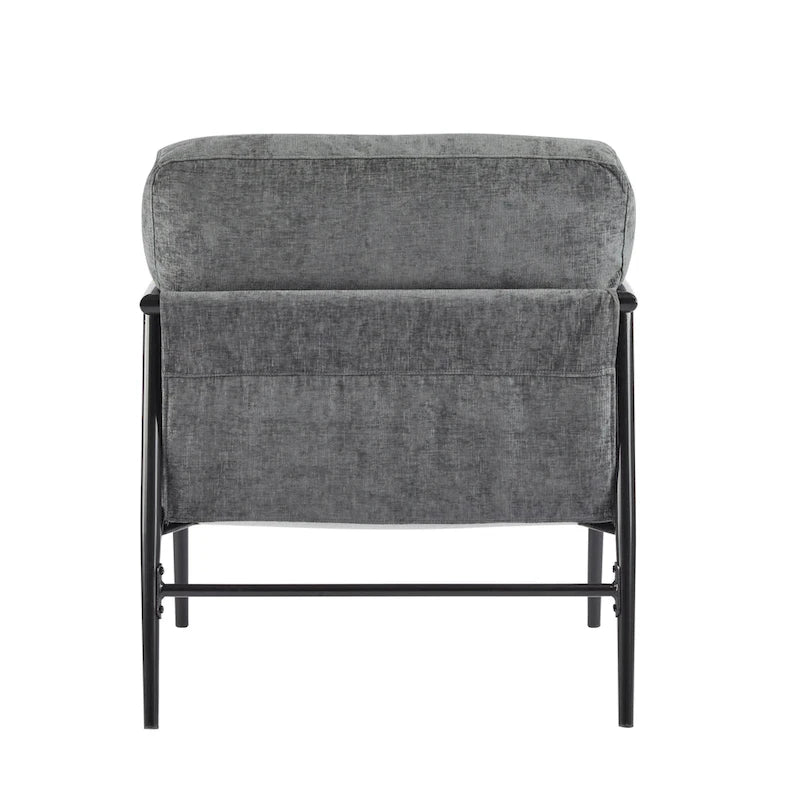 Fauteuil d'appoint rembourré, structure en métal noir, accoudoirs en bois, assise coussin rembourrée