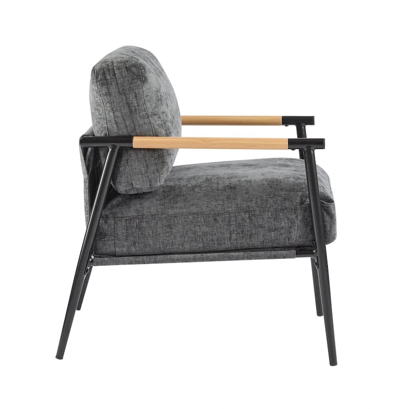 Fauteuil d'appoint rembourré, structure en métal noir, accoudoirs en bois, assise coussin rembourrée