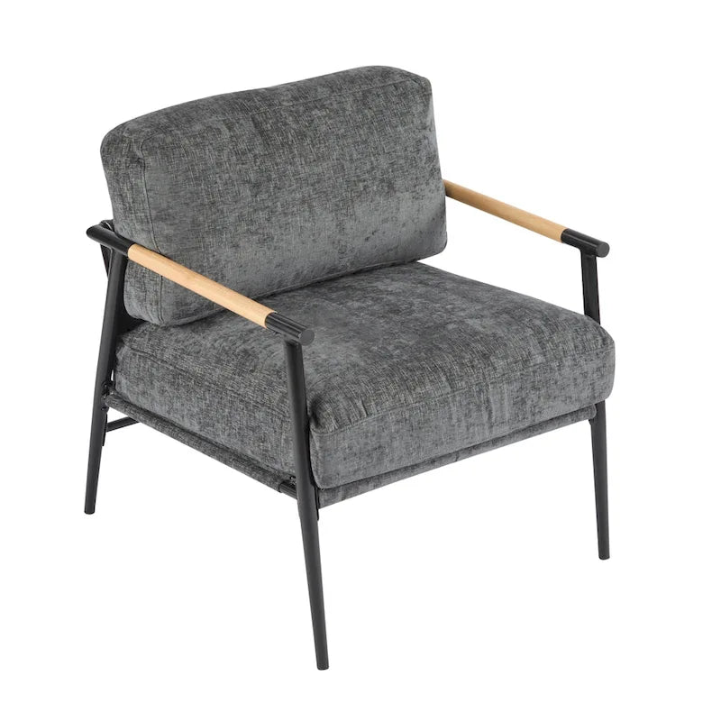 Fauteuil d'appoint rembourré, structure en métal noir, accoudoirs en bois, assise coussin rembourrée