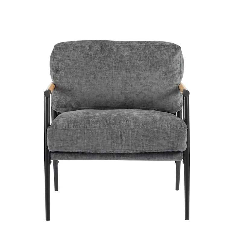 Fauteuil d'appoint rembourré, structure en métal noir, accoudoirs en bois, assise coussin rembourrée