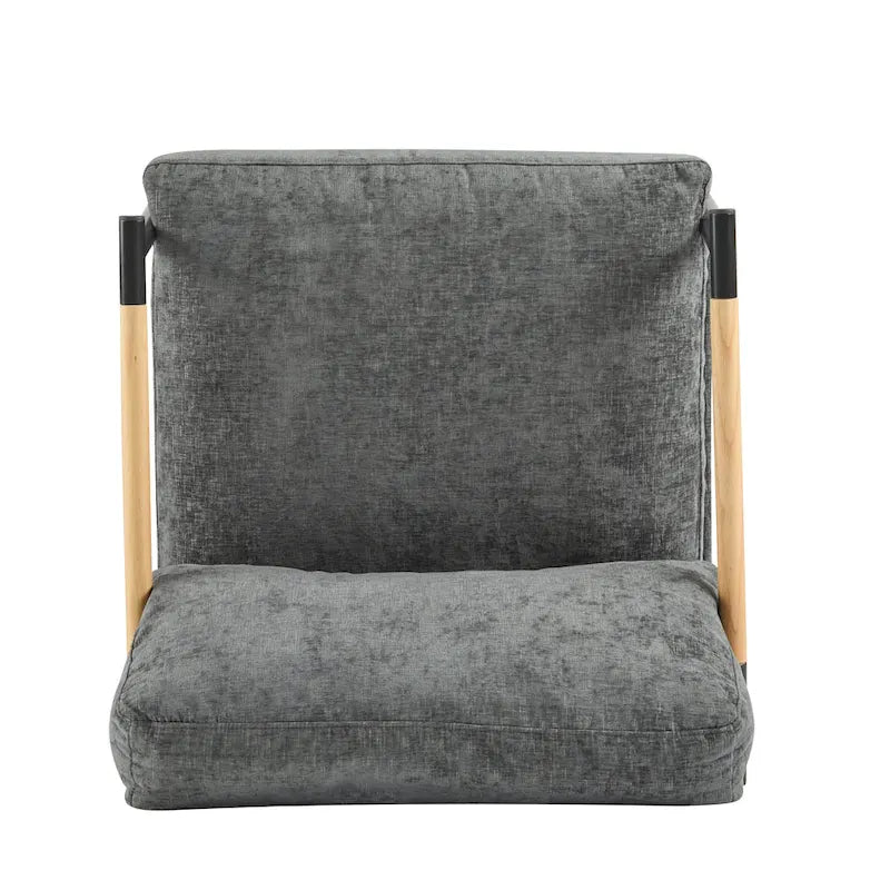 Fauteuil d'appoint rembourré, structure en métal noir, accoudoirs en bois, assise coussin rembourrée