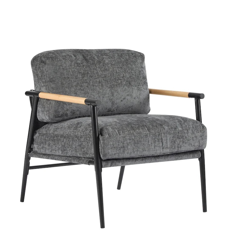 Fauteuil d'appoint rembourré, structure en métal noir, accoudoirs en bois, assise coussin rembourrée
