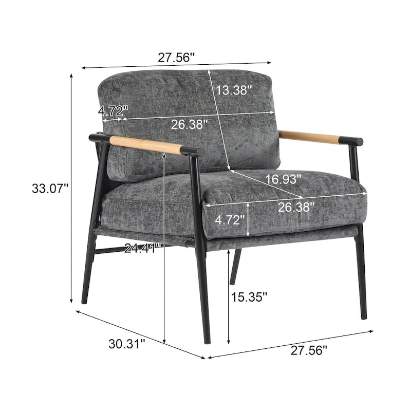 Fauteuil d'appoint rembourré, structure en métal noir, accoudoirs en bois, assise coussin rembourrée