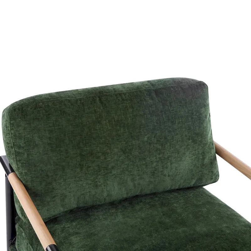 Fauteuil d'appoint rembourré, structure en métal noir, accoudoirs en bois, assise coussin rembourrée
