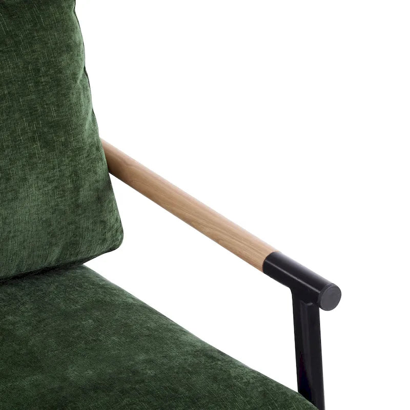 Fauteuil d'appoint rembourré, structure en métal noir, accoudoirs en bois, assise coussin rembourrée