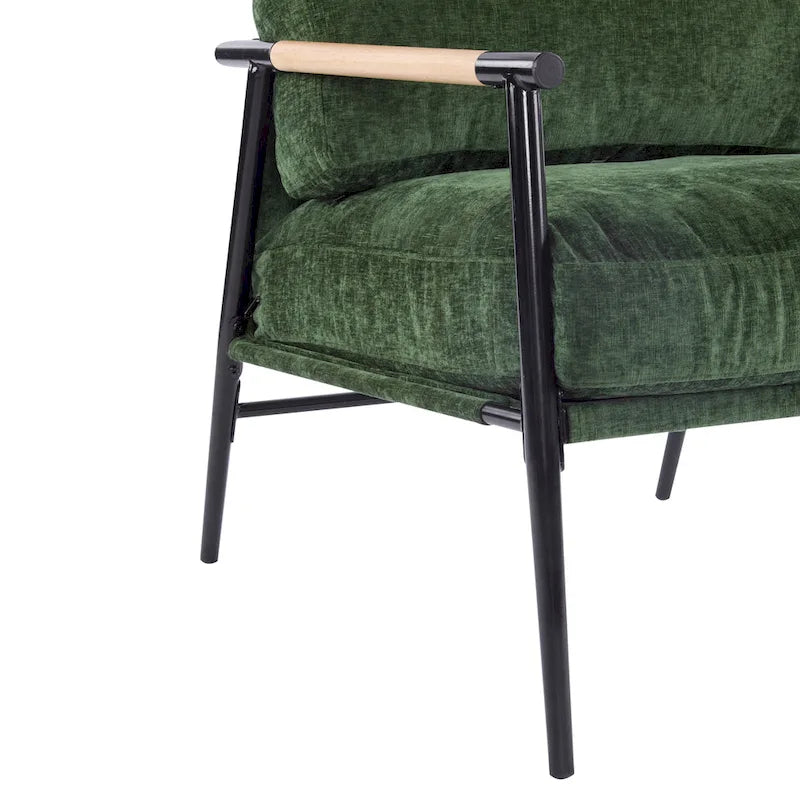 Fauteuil d'appoint rembourré, structure en métal noir, accoudoirs en bois, assise coussin rembourrée