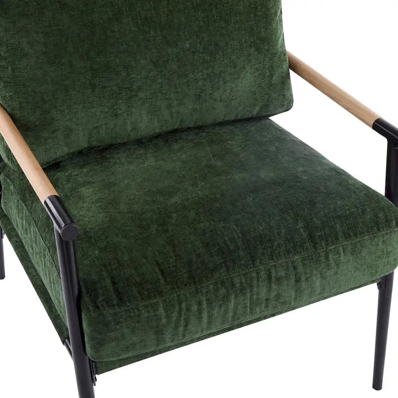 Fauteuil d'appoint rembourré, structure en métal noir, accoudoirs en bois, assise coussin rembourrée