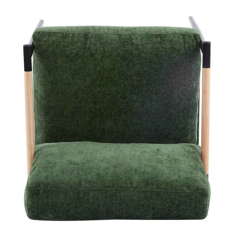 Fauteuil d'appoint rembourré, structure en métal noir, accoudoirs en bois, assise coussin rembourrée