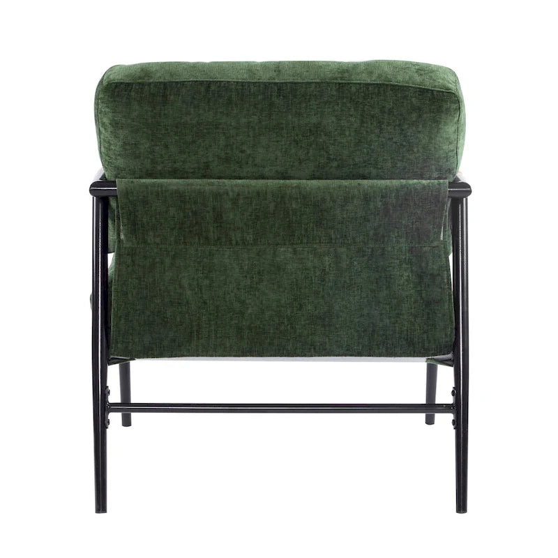 Fauteuil d'appoint rembourré, structure en métal noir, accoudoirs en bois, assise coussin rembourrée