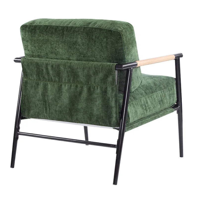 Fauteuil d'appoint rembourré, structure en métal noir, accoudoirs en bois, assise coussin rembourrée