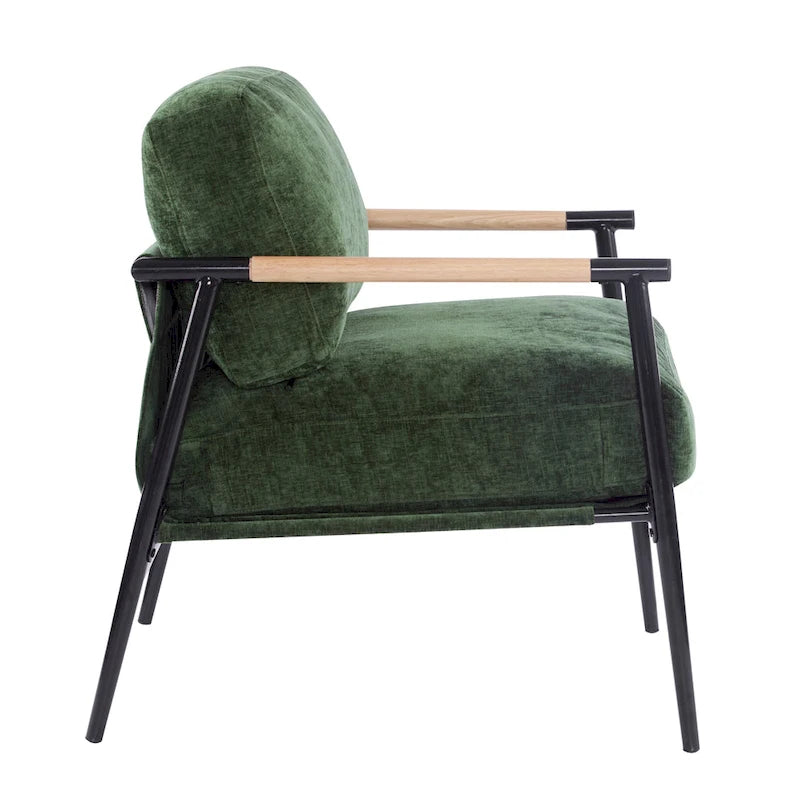 Fauteuil d'appoint rembourré, structure en métal noir, accoudoirs en bois, assise coussin rembourrée