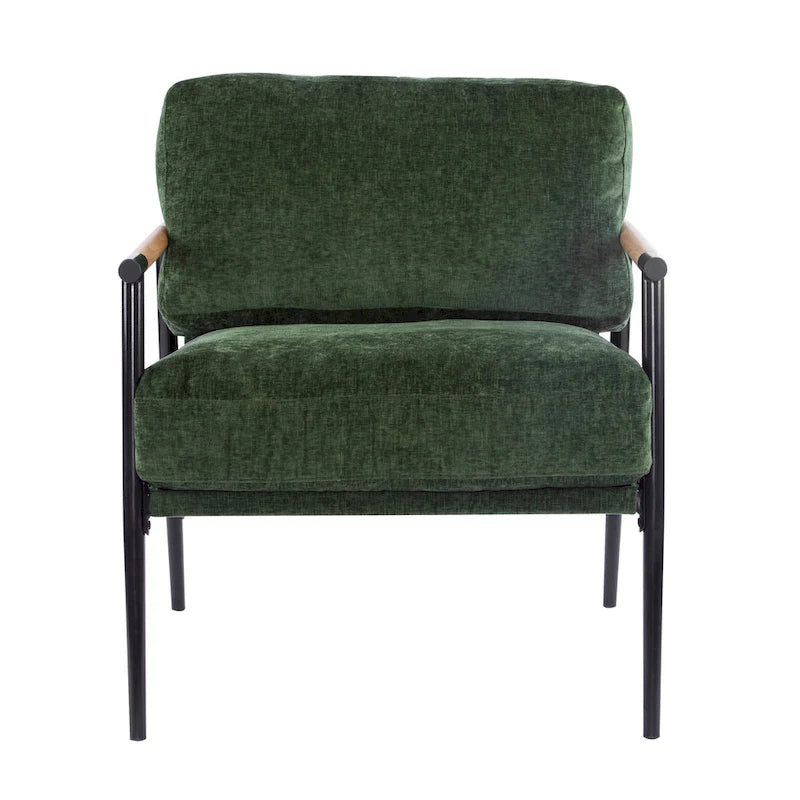 Fauteuil d'appoint rembourré, structure en métal noir, accoudoirs en bois, assise coussin rembourrée