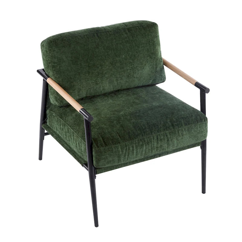 Fauteuil d'appoint rembourré, structure en métal noir, accoudoirs en bois, assise coussin rembourrée