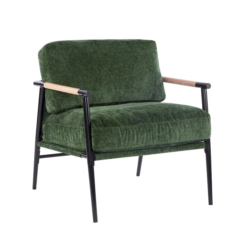 Fauteuil d'appoint rembourré, structure en métal noir, accoudoirs en bois, assise coussin rembourrée