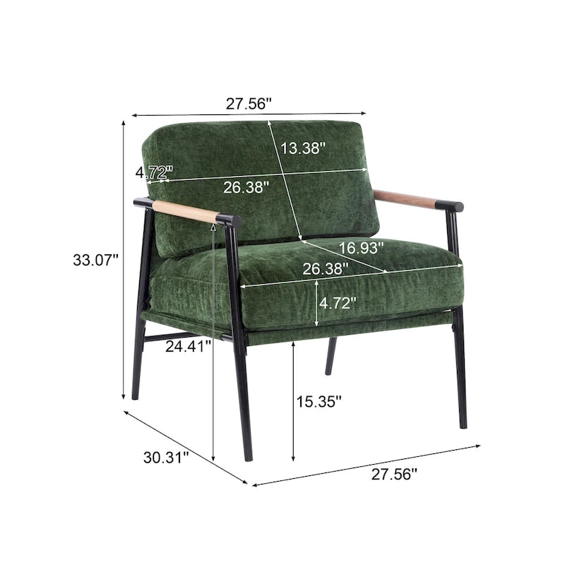Fauteuil d'appoint rembourré, structure en métal noir, accoudoirs en bois, assise coussin rembourrée