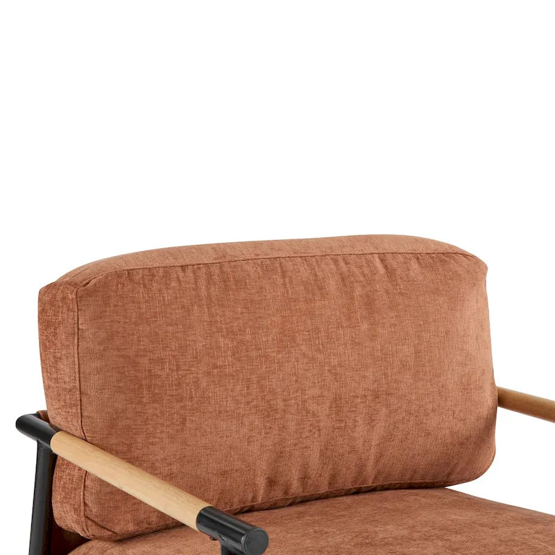 Fauteuil d'appoint rembourré, structure en métal noir, accoudoirs en bois, assise coussin rembourrée