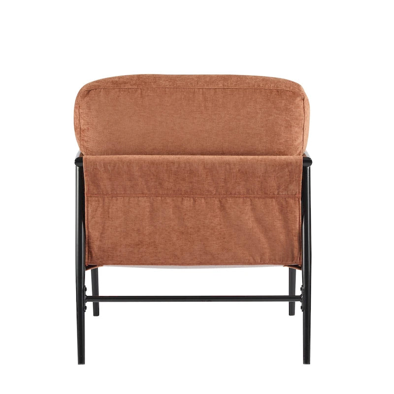 Fauteuil d'appoint rembourré, structure en métal noir, accoudoirs en bois, assise coussin rembourrée