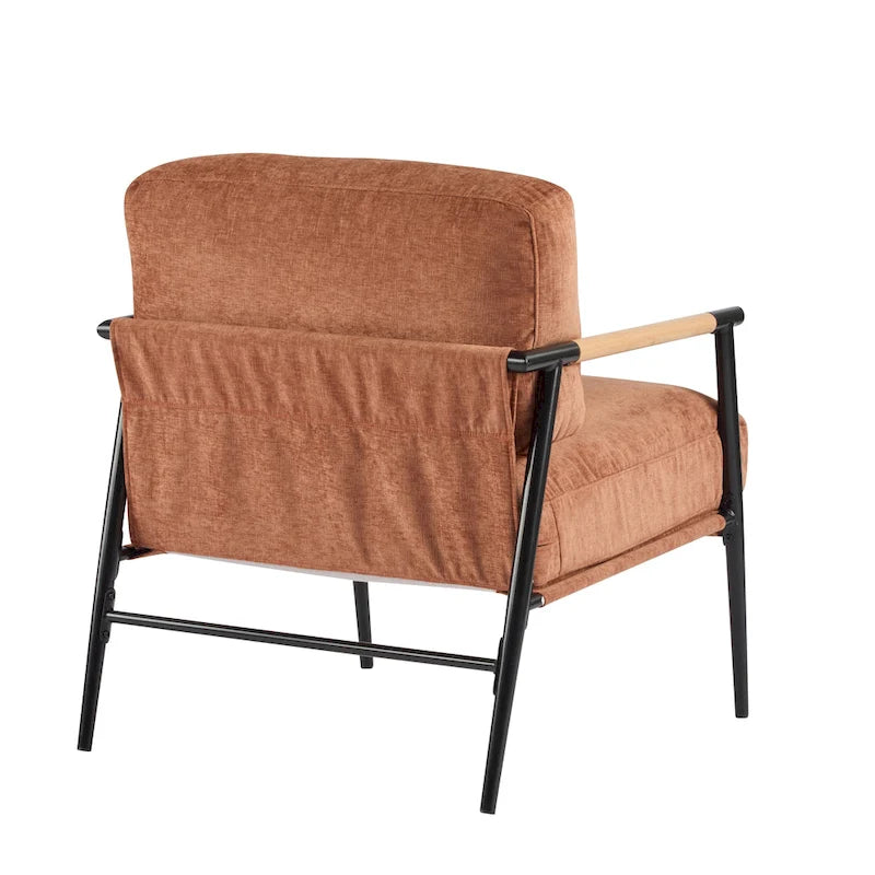 Fauteuil d'appoint rembourré, structure en métal noir, accoudoirs en bois, assise coussin rembourrée
