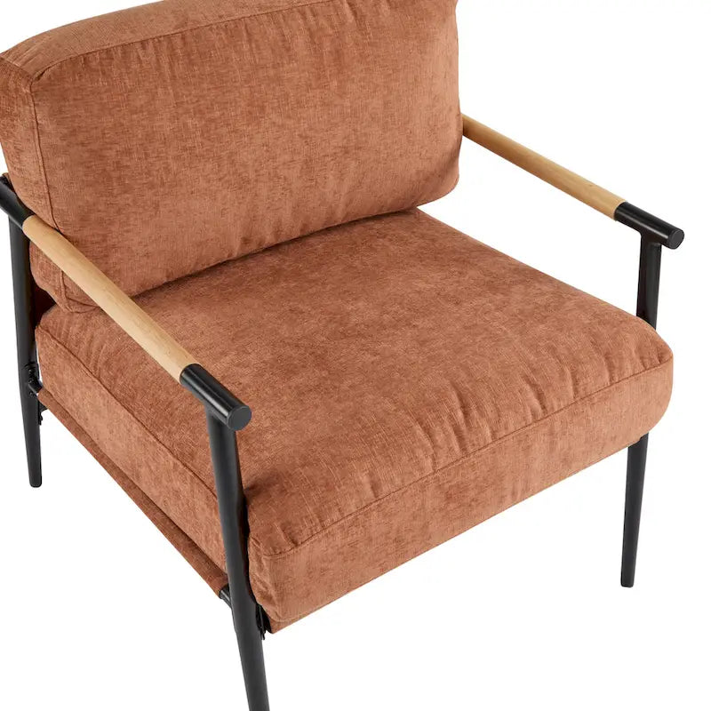 Fauteuil d'appoint rembourré, structure en métal noir, accoudoirs en bois, assise coussin rembourrée
