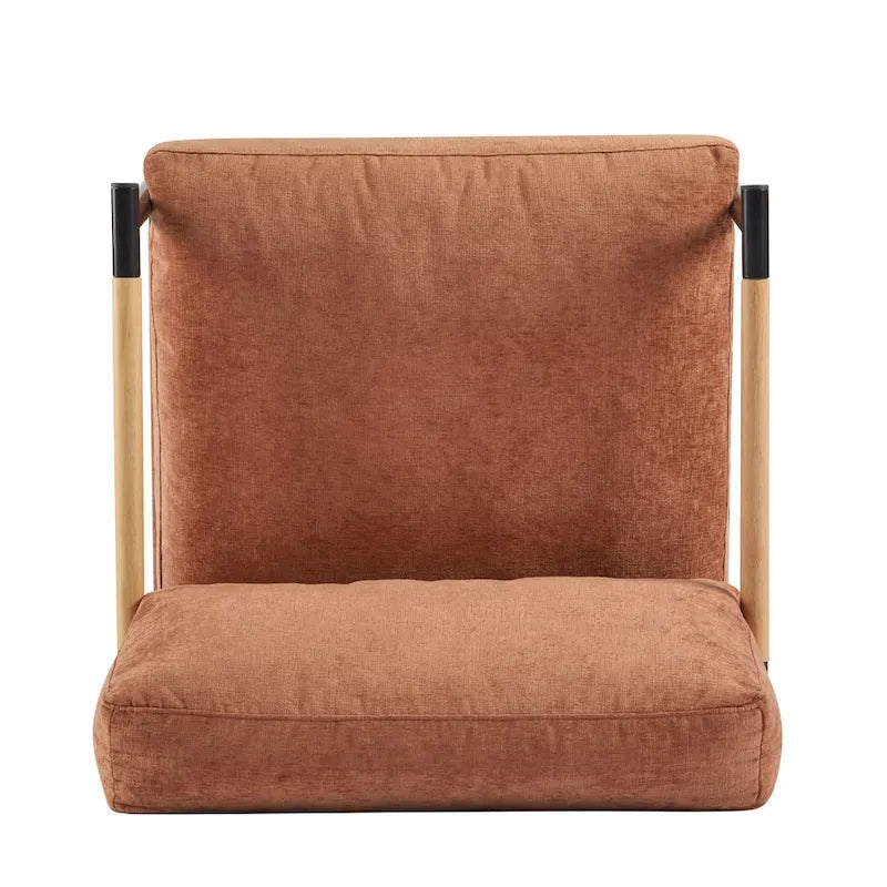 Fauteuil d'appoint rembourré, structure en métal noir, accoudoirs en bois, assise coussin rembourrée