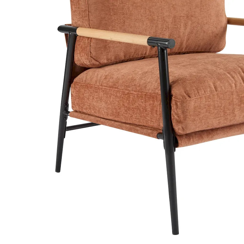 Fauteuil d'appoint rembourré, structure en métal noir, accoudoirs en bois, assise coussin rembourrée